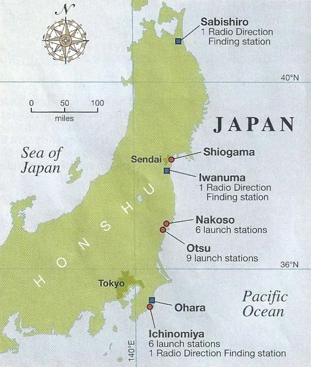 Map of Honshu, Japan showing the launch sites and radio tracking stations for the Japanese Fu-Go balloon bomb program.