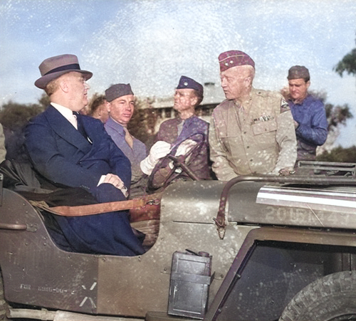 Franklin Roosevelt speaking with George Patton, Casablanca, French Morocco, 18 Jan 1943 [Colorized by WW2DB]