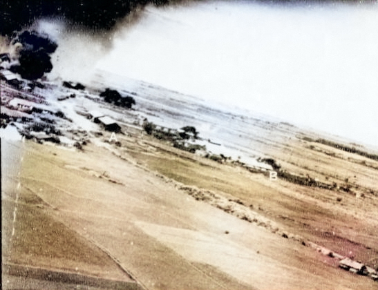 Meiji Corporation sugar refinery and butanol plant in Taito, Taiwan under attack by four PV-1 Ventura aircraft of US Navy VPB-137 squadron, 18 May 1945 [Colorized by WW2DB]