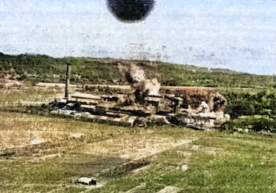 Kibi Sugar Refinery in Kizan, Takao Prefecture (now Qishan District, Kaohsiung), Taiwan under attack by B-25J bombers of USAAF 38th Bombardment Group, 14 May 1945 [Colorized by WW2DB]