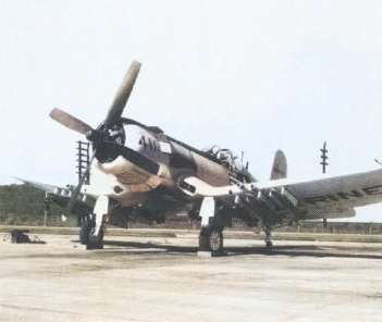 AU-1 Corsair fighter at rest, Marine Corps Base Quantico, Virginia, United States, late 1950s; seen in May 1975 issue of US Navy publication Naval Aviation News [Colorized by WW2DB]
