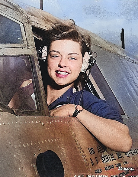 WASP pilot Elizabeth L. Gardner at the window of her B-26 Marauder bomber, Harlingen Army Air Field, Texas, United States, circa 1942-1945 [Colorized by WW2DB]