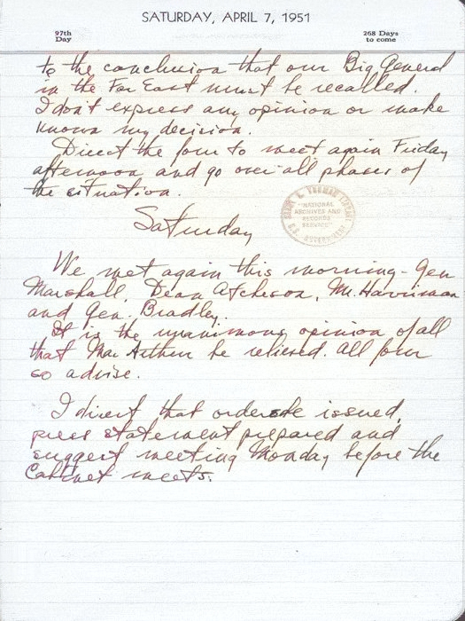 Harry Truman diary entry regarding recalling Douglas MacArthur, 7 Apr 1951 [Colorized by WW2DB]