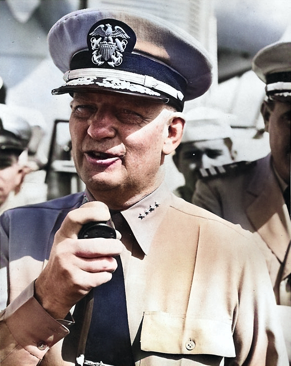 Admiral Burke addressing the crew of destroyer Walker, in the Mediterranean Sea, 1960 [Colorized by WW2DB]