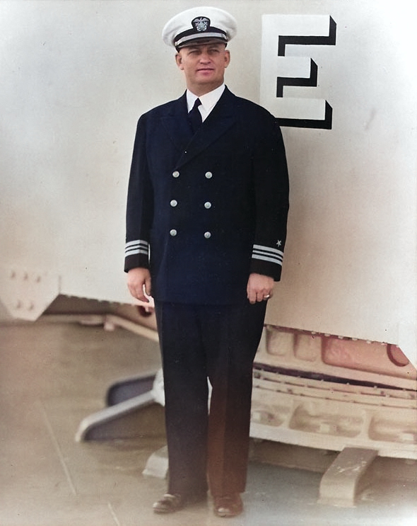 Lieutenant Commander Burke aboard his destroyer, Mugford, circa 1939-1940 [Colorized by WW2DB]