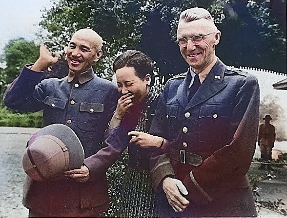 Chiang Kaishek, Song Meiling, and Joseph Stilwell at Maymyo, Burma, 19 Apr 1942, photo 2 of 3 [Colorized by WW2DB]