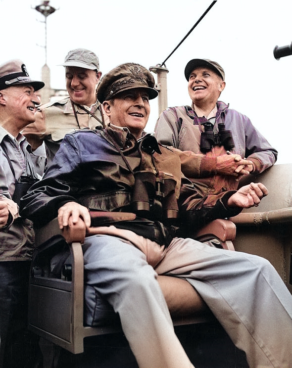Courtney Whitney, Douglas MacArthur, and Edward Almond aboard AGC Mount McKinley during the Inchon landings, 15 Sep 1950, photo 1 of 2 [Colorized by WW2DB]
