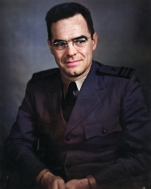 Portrait of Lieutenant Commander Joseph T. O'Callahan, Apr-Jul 1945; note the US Navy Service Dress Grey uniform [Colorized by WW2DB]