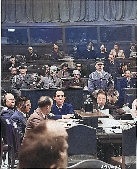 Tojo taking a stand for the first time at the International Tribunal trials, Tokyo, Japan, late 1940s [Colorized by WW2DB]