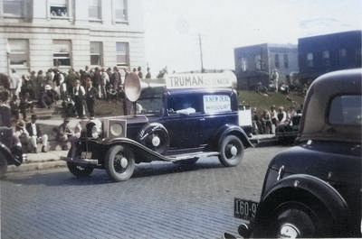 Campaign sound car for the Senate campaign of Judge Harry Truman, Poplar Bluff, Missouri, United States, circa Oct 1934 [Colorized by WW2DB]