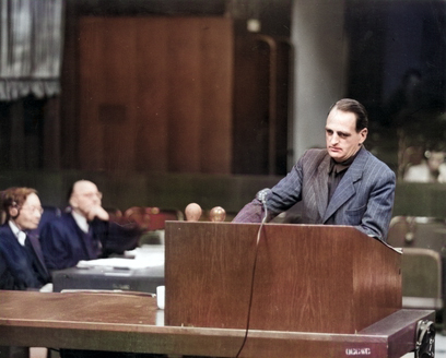 Edmund Veesenmayer making his final statement during the Nuremberg Trials in Germany, 1949 [Colorized by WW2DB]
