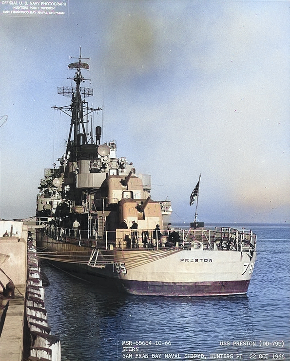USS Preston off San Francisco Naval Shipyard, California, United States, 22 Oct 1966, photo 6 of 6 [Colorized by WW2DB]