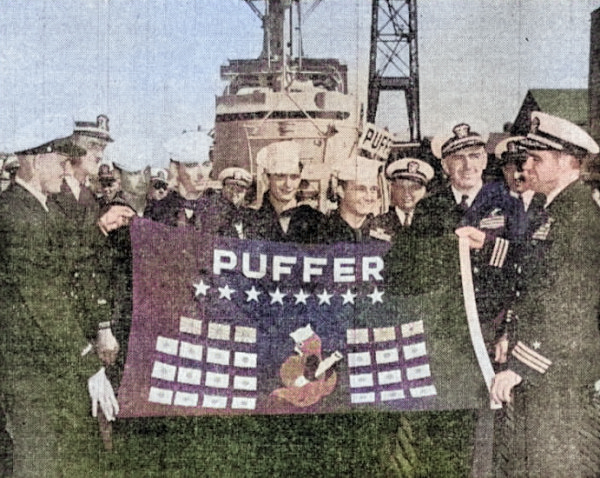 Decommissioning ceremony of USS Puffer, Mare Island Naval Shipyard, California, United States, 12 Jul 1946 [Colorized by WW2DB]