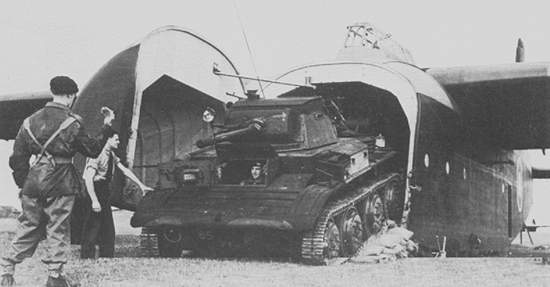 British Tetrarch light tank being unloaded from Hamilcar glider during training (as suggested by sandbags and lack of landing gear), date unknown
