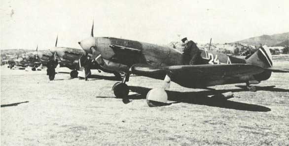 LaGG-3 fighters parked at an airfield, circa 1940s