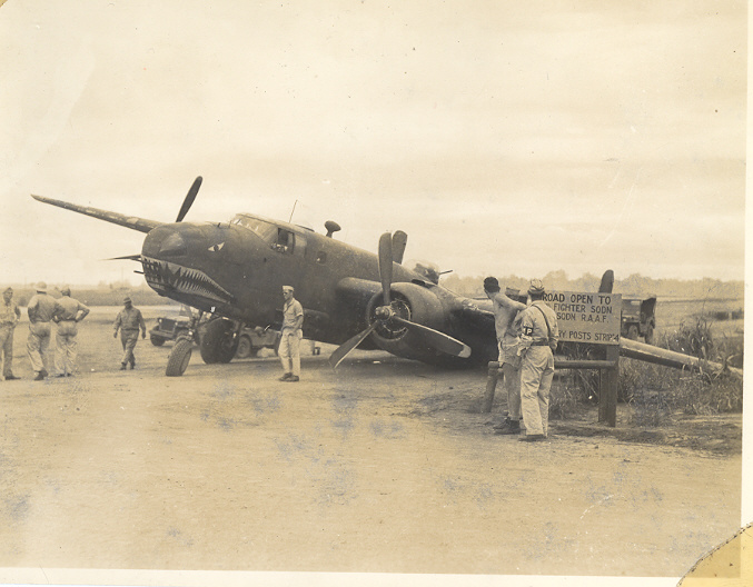 US B-25 bomber after belly landing at Dobodura Airfield, Australian Papua, mid-1943