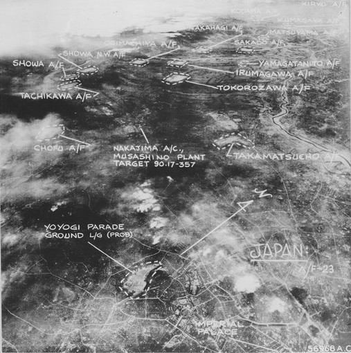 Aerial view of Tokyo, Japan with markings of key buildings of interest, early 1945