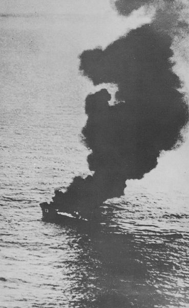 Japanese Navy auxiliary picket boat Nitto Maru No. 23 burning, 18 Apr 1942