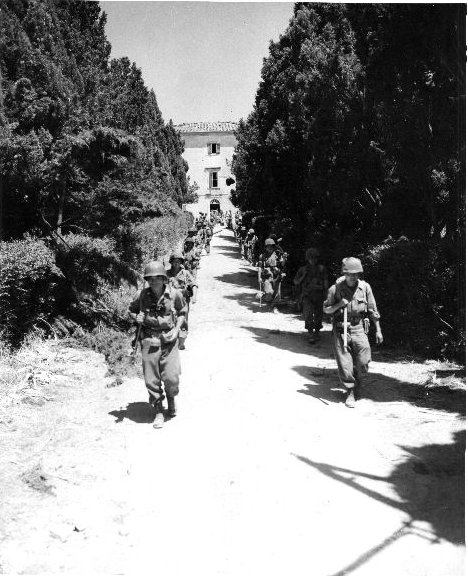 US Army Japanese-American troops on the move in Castellina Sector at Livorno, Italy, 15 Jul 1944