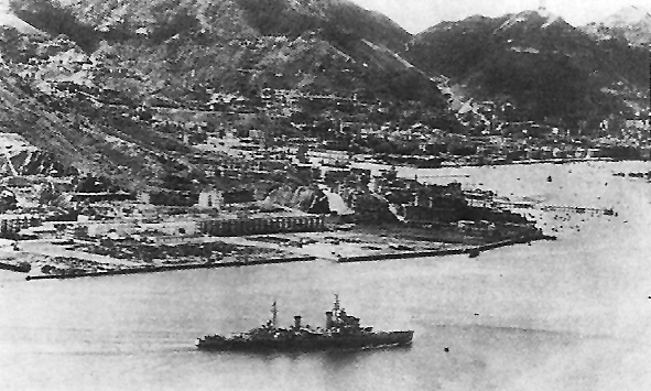 Cruiser HMS Swiftsure in Victoria Harbour, Hong Kong, off North Point, 30 Aug 1945