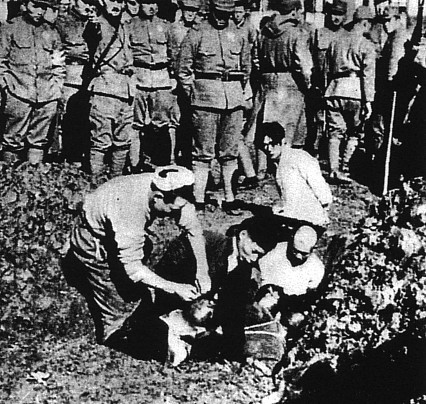 Chinese civilians prepared to be buried alive by Japanese soldiers, Nanjing, China, Dec 1937-Jan 1938