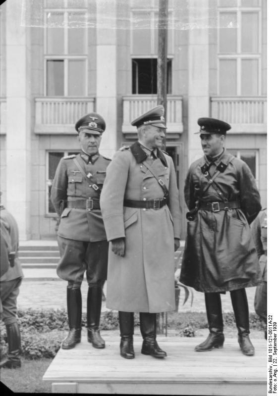 German Army Lieutenant General Heinz Guderian and Russian Army Brigadier General Semyon Krivoshein during the victory parade in Brest, Poland, 22 Sep 1939, photo 1 of 2
