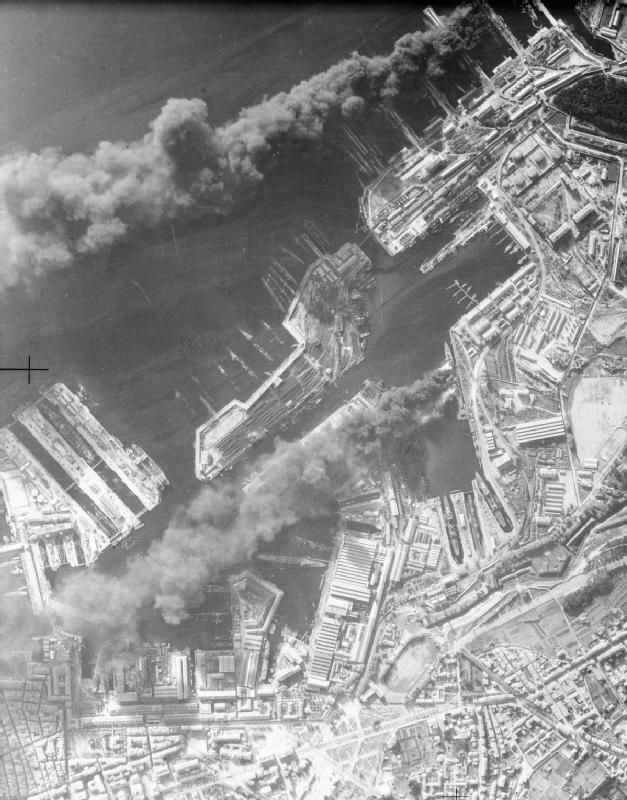Aerial view of Toulon, France, 28 Nov 1942; note smoke rising from burning ships