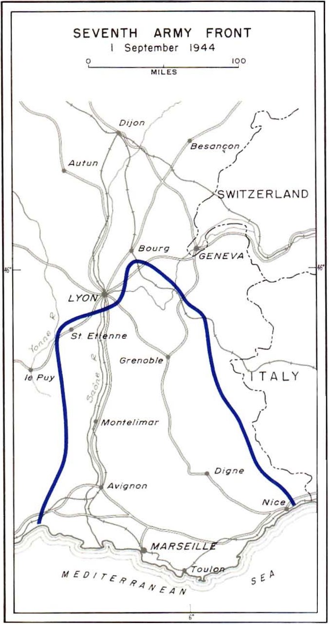 Map depicting the US 7th Army's front in Southern France, 1 Sep 1944