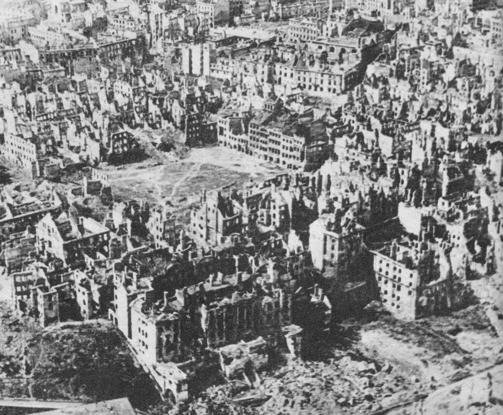 Aerial view of Warsaw, Poland, showing devastation from war and recent uprising, Jan 1945