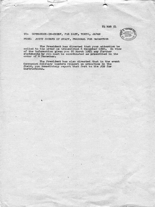 US Joint Chiefs of Staff message to MacArthur regarding the limit of statements, 24 Mar 1951, document 2 of 2