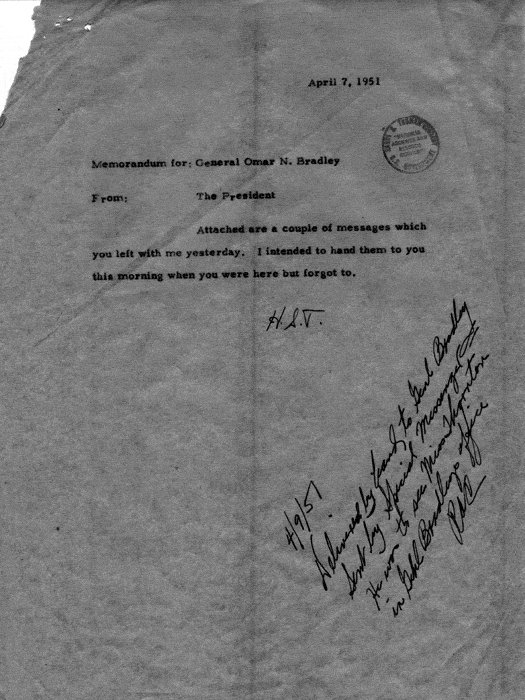 Memorandum from Truman to Bradley, 7 Apr 1951