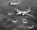 Martin B-26B Marauder bombers of the 597th and 598th Bomb Squadrons fly in formation over Goggeshall, Essex, England, UK, 1943-44.