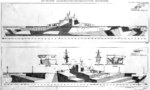 1944 plan for camouflage Measure 31-32-33, Design 3a on Essex-class fleet carriers. Of the 17 Essex-class carriers to see service during 1944-45, 3 were painted according to this plan plus 1 with this only on one side