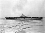 USS Wasp (Essex-class) shifting berths at the New York Navy Yard Annex at Bayonne, New Jersey, United States, 16 Nov 1945. Wasp had just been fitted out as a troop transport for Operation Magic Carpet.