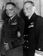 Admiral William Halsey and Vice Admiral John McCain enjoying a lighter moment at an Army and Navy conference in Los Angeles, California, United States, 8 Jan 1944. Note Halsey’s “Aviator Greens” uniform.