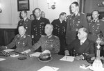 German Generaloberst Hans-Jürgen Stumpff, Generalfeldmarschall Wilhelm Keitel, and Generaladmiral Hans-Georg von Friedeburg at the surrender ceremony at Karlshorst, Berlin, Germany, 8 May 1945. Photo 2 of 2