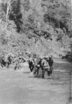 Members of US 5332nd Brigade (Provisional) crossing a river with pack animals, Burma, 17 Jan 1945