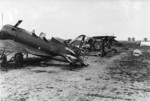 Wrecked I-16 (UTI-4 variant; foreground) and Hs 126 (background) aircraft, 1941
