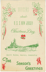 Christmas holiday greeting card from the officers of USS New Jersey, Dec 1944, page 1 of 3