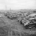 Newly constructed Centaur tanks in a staging area in Slough near London, United Kingdom, before being shipped to field units, Mar 1943
