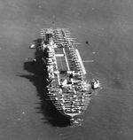 Bow-on view of USS Saratoga at anchor, 1930s, location unknown.
