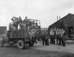 Crews of No. 77 Squadron RAF about to be driven by WAAF drivers to the dispersals at RAF Elvington, Yorkshire, England, United Kingdom for the Squadron