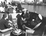Franklin Roosevelt and Winston Churchill meeting at Malta aboard USS Quincy, 2 Feb 1945 in advance of the Yalta Conference with Joseph Stalin. With them are their daughters, Anna Boettiger and Sarah Oliver.