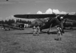 Abandoned Hs 126B (foreground), Ar 96 (background, with Hungarian markings), and Si 204 aircraft (background), Austria, Jun 1945