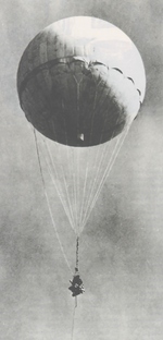 A captured and reinflated Japanese Fu-Go Type A balloon bomb on a tethered test flight at Naval Air Station Moffett Field, Mountain View, California, United States, Aug 1945.