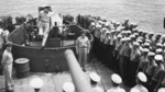 Task Force commander Rear Admiral Walden Ainsworth on the fantail of the destroyer USS Fletcher at Espiritu Santo addressing the crew prior to the force’s nighttime shelling of Munda Point, early Jan 1943.