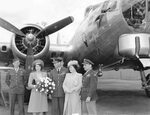 Left to Right: SSgt William Landrum, Princess Elizabeth, King George VI of the United Kingdom, SSgt Watson Vaughn (obscured), Queen Elizabeth, LGen Jimmy Doolittle, and B-17G ‘Rose of York’ at RAF Thurleigh, 6 Jul 1944.