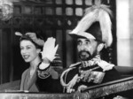 Queen Elizabeth II of the United Kingdom and Emperor Haile Selassie I of Ethiopia at the main gate of Buckingham Palace, London, England, United Kingdom, 1954