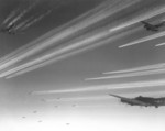 Formation of B-17F Flying Fortress bombers of USAAF 92nd Bomb Group over Europe, circa 1943