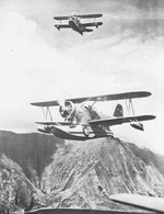 Two US Navy J2F Duck aircraft in flight over Oahu, US Territory of Hawaii, early 1940s